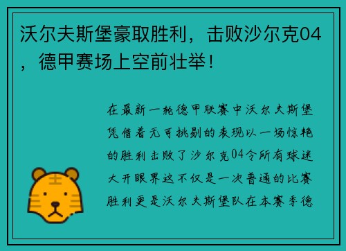 沃尔夫斯堡豪取胜利，击败沙尔克04，德甲赛场上空前壮举！