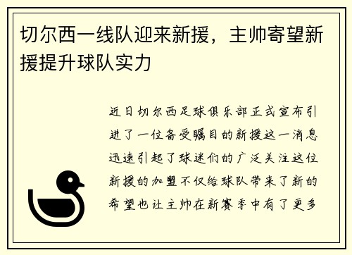 切尔西一线队迎来新援，主帅寄望新援提升球队实力